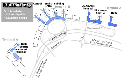 LaGuardia airport terminal map : Delta shuttle - Marine Air, Central Terminal Building CTB, US Airways and Delta Terminal